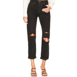 Black Distressed Straight Leg Button Fly Jeans